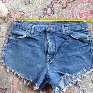 Wrangler Blue Denim Jean Shorts with Frayed Hem